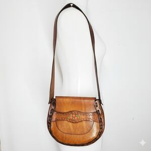 Handmade 10x8x3" Saddle Bag Brown Cowhide Leather Floral Tooled Shoulder Strap